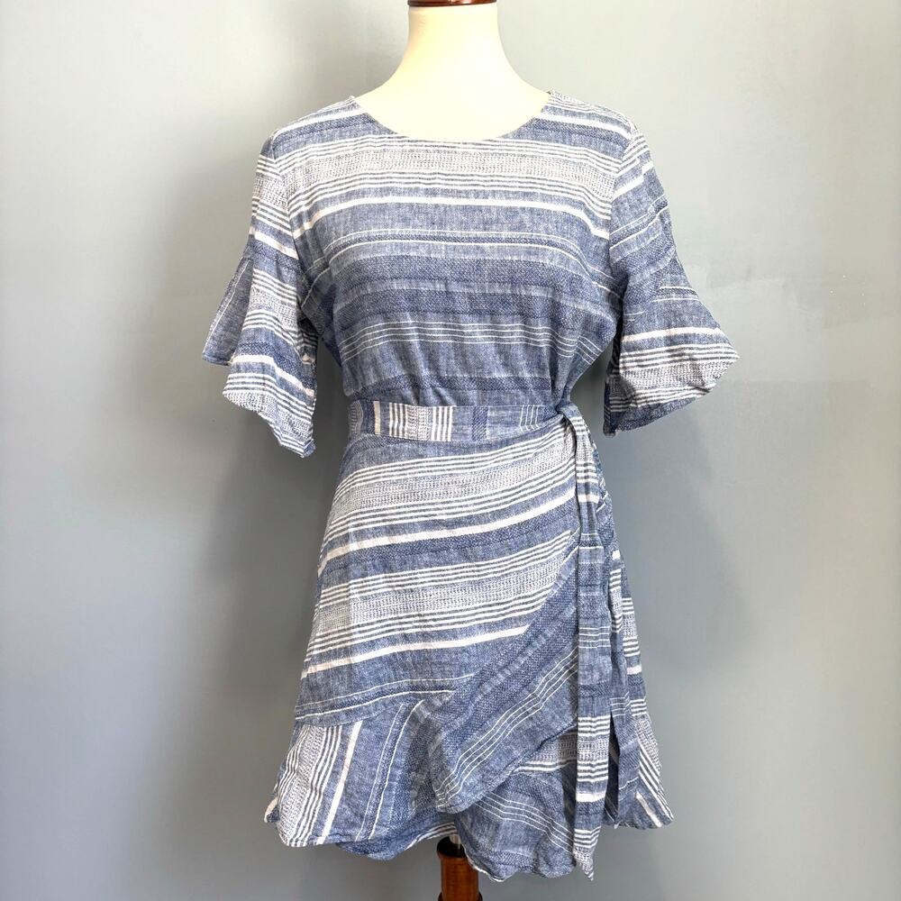 EXPRESS Striped Linen Cotton Faux Wrap Ruffle Mini Dress Beach Resort, Size L